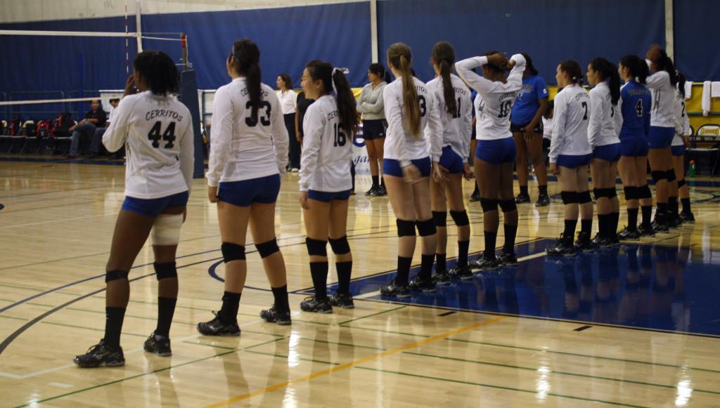 The Cerritos College volleyball team went up two sets against Santa Ana College and went on to be victorious in the match, with a new line-up and freshman Andrea Garrett replacing injured sophomore Amber Finley.