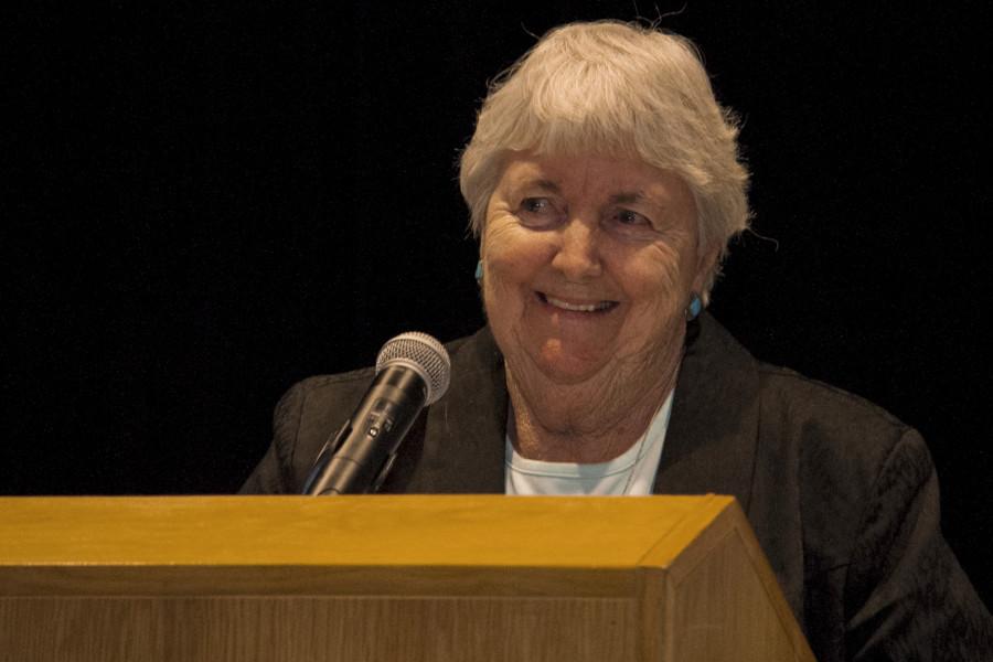 Coach Nancy Kelly gave a speech during the Hall of Fame induction ceremony.