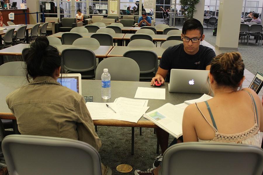 Juan Herrera, Film major, Ashley Salazar, Nursing major, and Angela Nuñez, Psychology major work on their respective assignments at the school library. The library will be available on Saturdays for the first time since 2008. Photo credit: Karla Enriquez