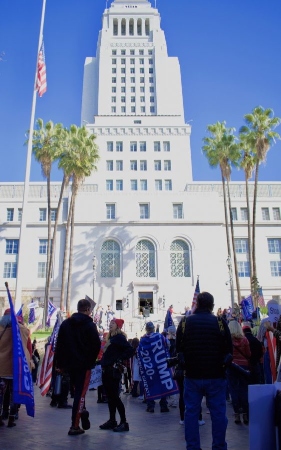 “Stop the Steal” rally begins outside Los Angeles city hall on Jan. 6. Maskless Trump supporters gathered to protest an election they believed to be rigged, without any definitive evidence to support their claims.