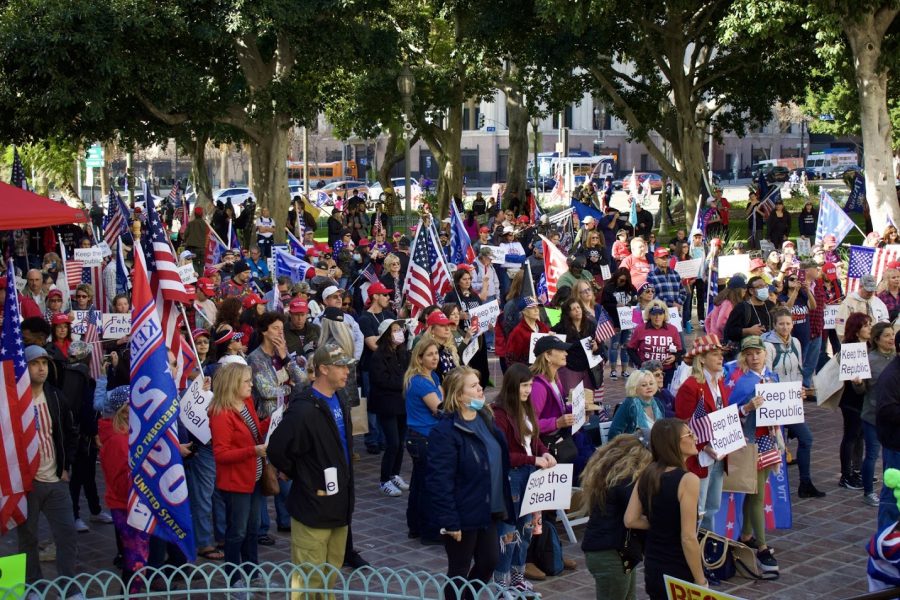 “Stop the Steal” protesters defied CDC guidelines on Jan. 6, by gathering with no masks or social distancing. As they broke safety guidelines Los Angeles county reported 554 deaths from the coronavirus that day.