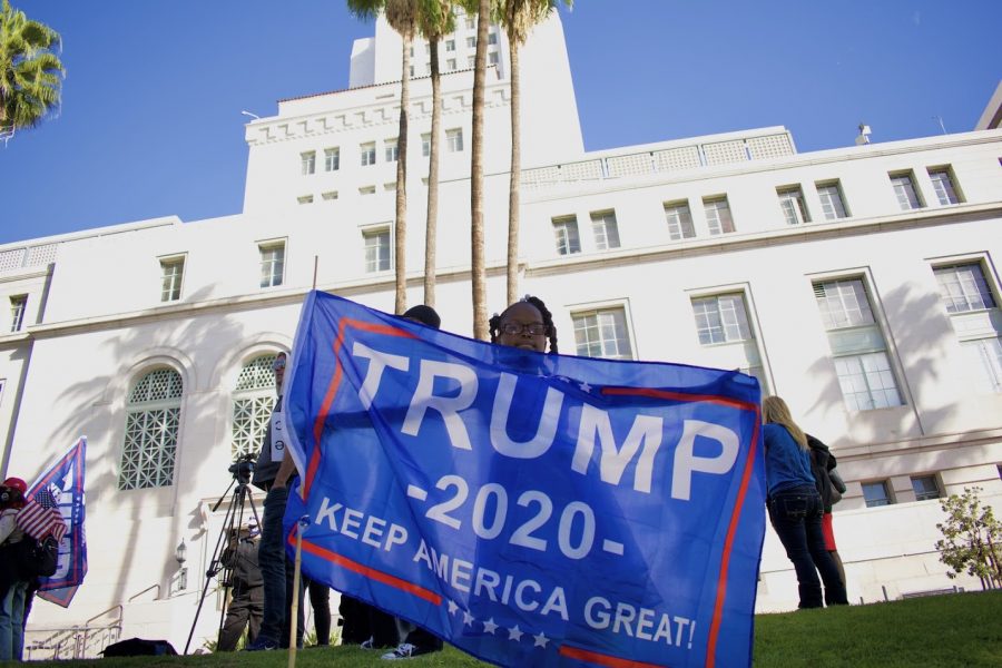 San Jacinto Councilmember Bryan Hawkins' daughter, Noria, waves a Trump flag at the “Stop the Steal” rally on Jan. 6. Her father spoke to a crowd of over 100 maskless protesters at Los Angeles city hall to spread conspiracy theories about why Democrats won the election.