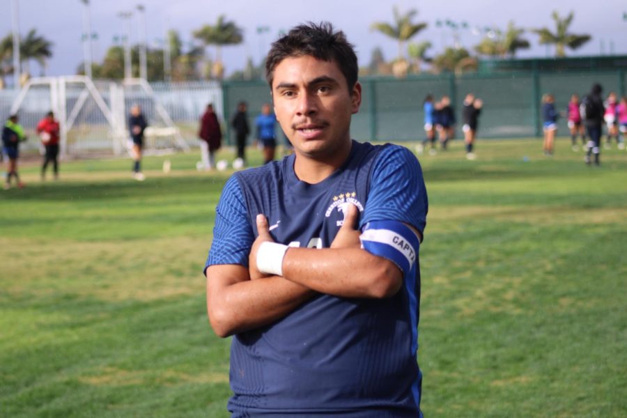 After scoring his fourth goal of the season, Sophomore Christian Perez (No. 13), Foward, came to the cameras to pose as Cerritos wins 4-1 versus LBCC on Nov. 8. Photo credit: Samuel Chacko