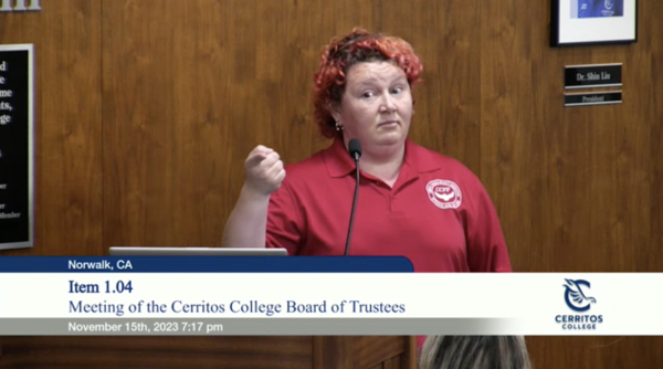 Lyndsey Lefebvre, English instructor, lightening the mood while advocating for covered health insurance for part-time faculty, Nov. 15. 