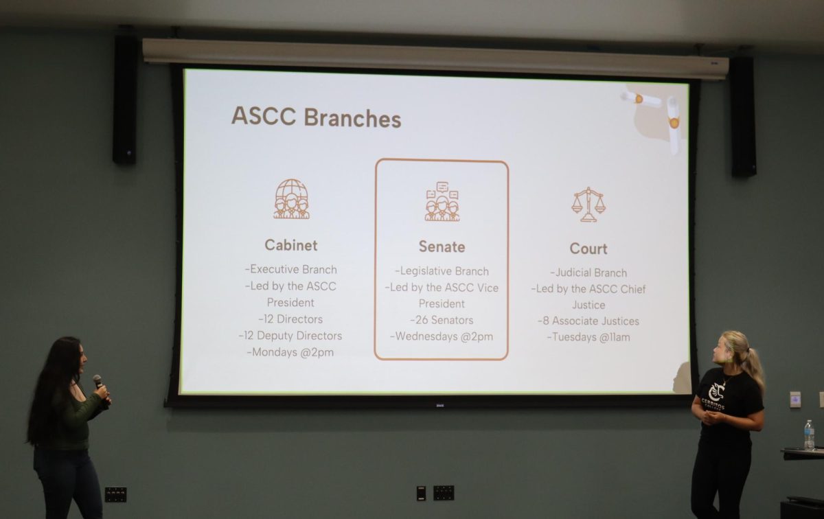 Natalia Hernandez, an associate justice of the Associated Students of Cerritos College court, describing the various branches of the student government at the ASCC Senate Election Info Session on Aug. 28. 