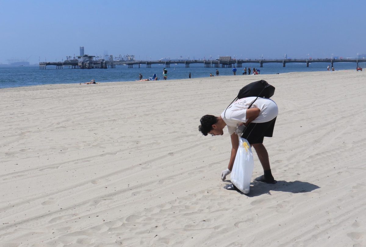 Sauceda picking up plastics at Belmont Beach on Aug. 31. Photo credit: Isaac Cordon