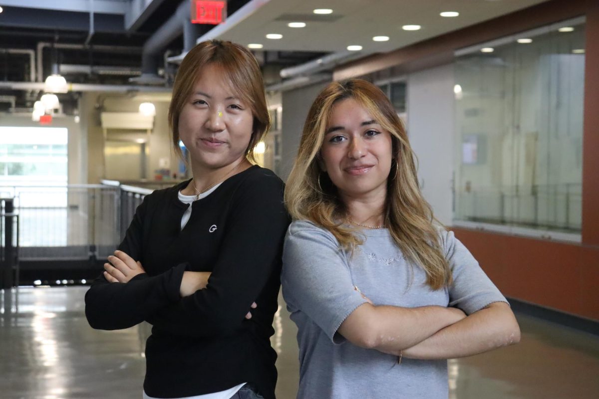 Associated Students of Cerritos College President, Ashley Yim (left), and vice president, Fatima Oregon (right) posing together in the Fine Arts building on Sept. 16.