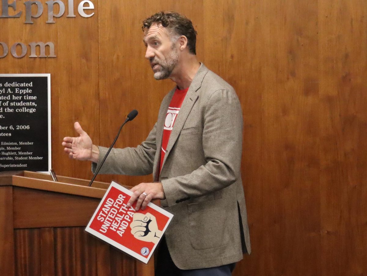 Jeffery Freitas, president of the California Federation of Teachers, speaking at the board of trustees meeting on Sept. 11 in the Cheryl A. Epple Board Room at Cerritos College.