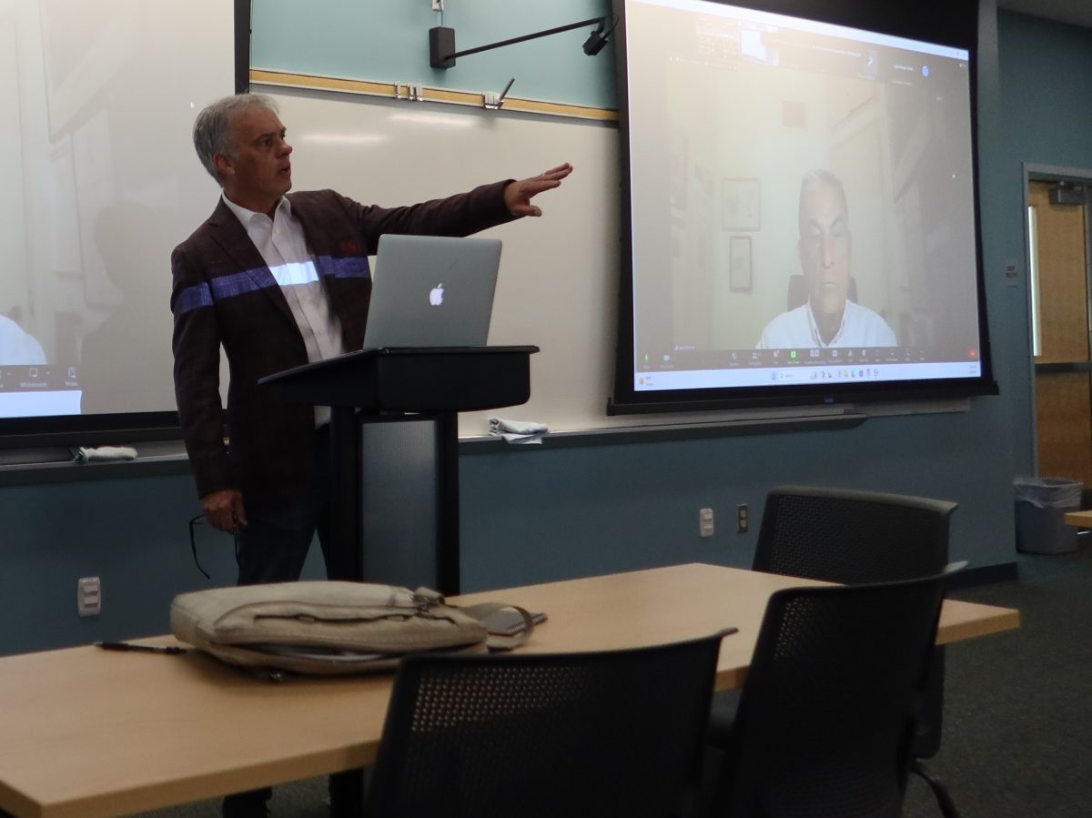 History professor, John Haas, introducing Israeli journalist Gideon Levy, in Liberal Arts Room 103 on Feb. 28. Photo credit: Emanuel Guadarrama