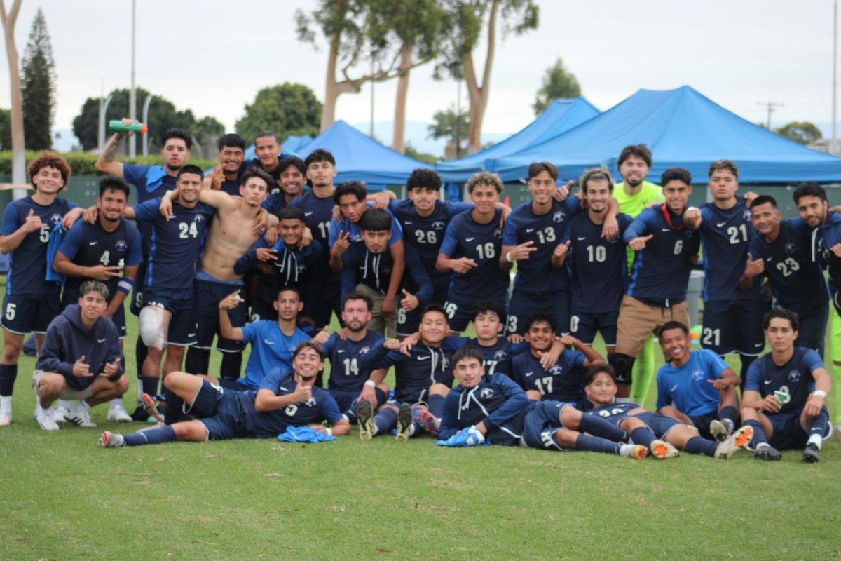 The Cerritos Falcons Mens Soccer team posing after their 2-0 victory against Norco College Nov. 26 Photo credit: Peyton Oliveira