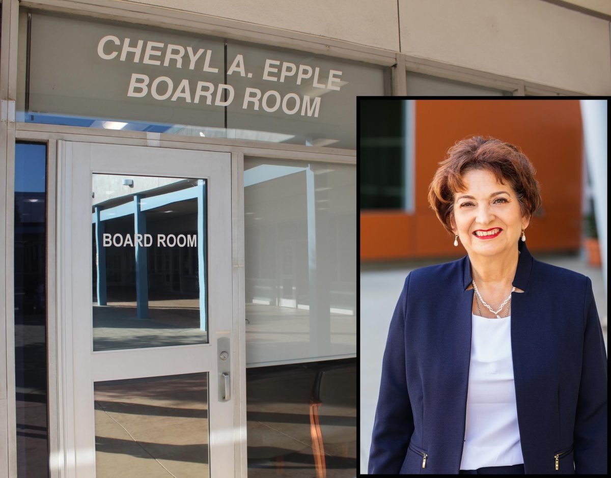 The Cheryl A. Epple Board Room at Cerritos College on Nov. 15, 2024. Mariana Pacheco won her 2024 reelection race. Photo illustration by Andrew Pilani. Photo credit: Andrew Pilani & Cerritos College