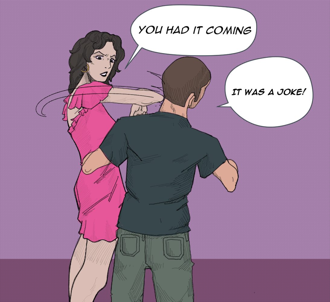 Editorial Cartoon depicting a woman slapping a man after being told a crude joke, a reflection of how women are often told "she was asking for it" after being assaulted. 