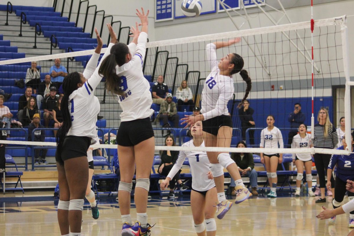 Outside hitter for Cerritos, Jasmine Soto-Castro, going to spike the ball during round three of the Southern California Regional Playoffs against San Bernardino Valley on Nov. 30, 2024. Photo credit: Isaac Cordon