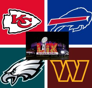 Photo illustration of the four remaining teams in the playoffs the Kansas City Chiefs, Buffalo Bills, Washington Commanders, and Philadelphia Eagles with 2025 Super Bowl logo in the middle.