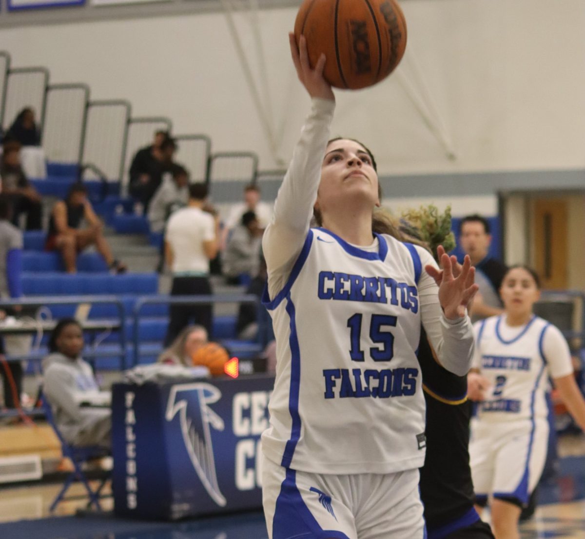 Jayden Estrada attempting a layup in the first quarter of the Cerritos College vs. LA Harbor women's basketball game in the Cerritos College gymnasium on Jan. 24 2025.