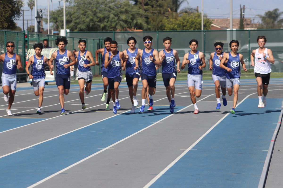 Cerritos College men's track and field team running the 1,500-meter race during the Cerritos Open event on Feb. 15, 2025.