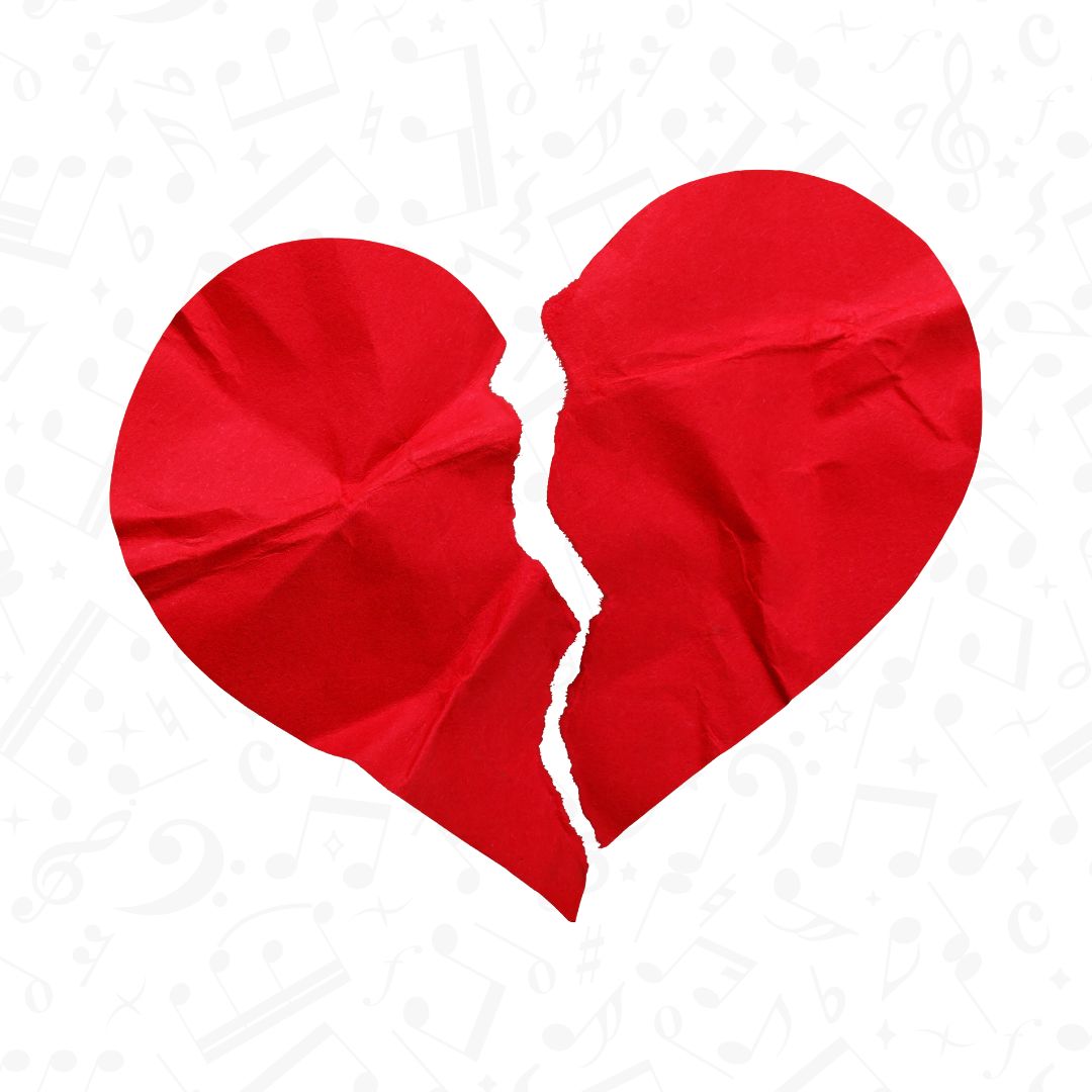 Photo illustration of a broken heart with music notes in the background.