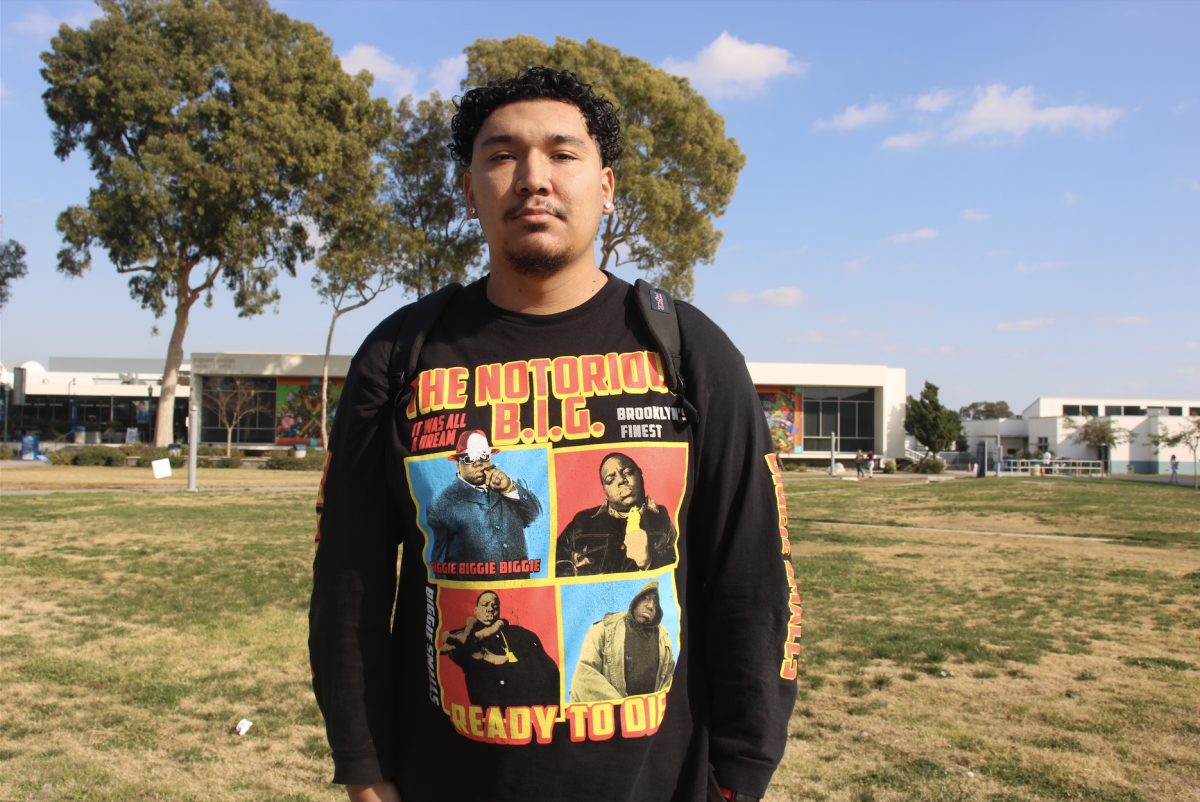 Cerritos College student, Carl Vaca Jr., talks about the effects social media has in politics at Falcon Square on Jan. 29. 2025.