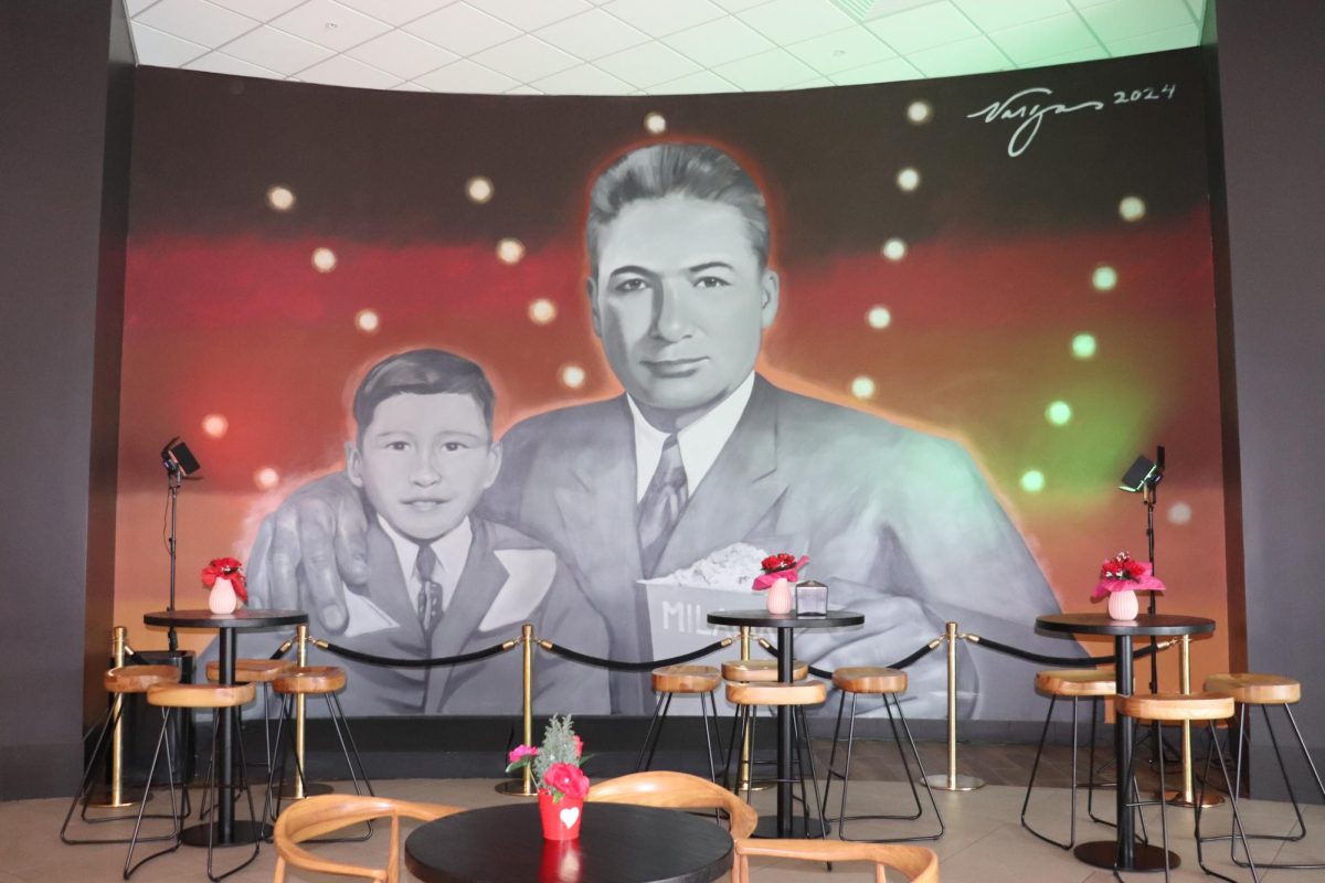 Robert Vargas' mural of Milagro Cinemas founder, Moctesuma Esparza, and his son, Francisco Esparza, on Feb. 2, 2025.