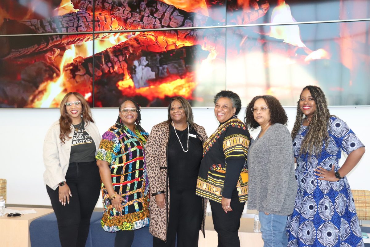 (From left to right) Professor Brittany Hampton,  Dr. Chelena Fisher, Dr. Sherryl Carter, Dr. Shelia Hill, Danylle Williams-Manser, Dawn Green all at the Black Female Fireside Chat on Feb. 20, 2025.