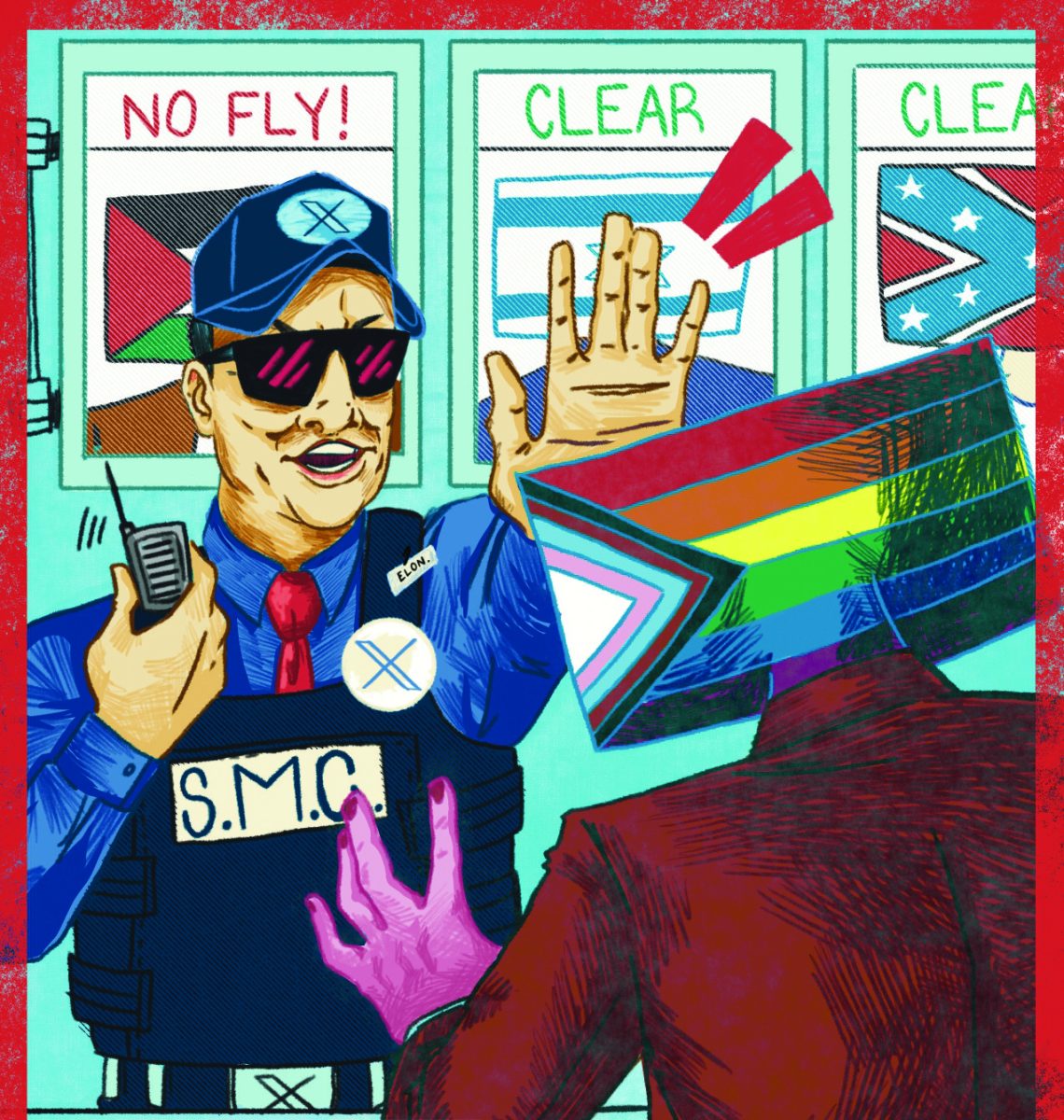 Elon Musk blocking LGBTQ content from entering his app aswell as Palestinian content while allowing pro israel and racist comments and posts. Illustration by Aldo Avelar