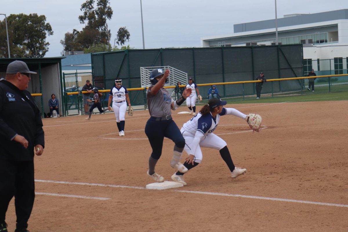 El Camino base runner makes it to base before Falcons first baseman can get her out on April 17, 2025.