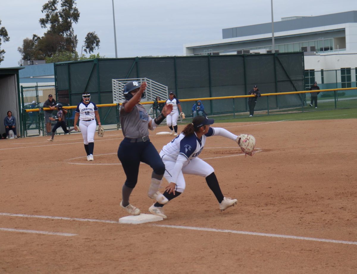 El Camino base runner makes it to base before Falcons first baseman can get her out on April 17, 2025.
